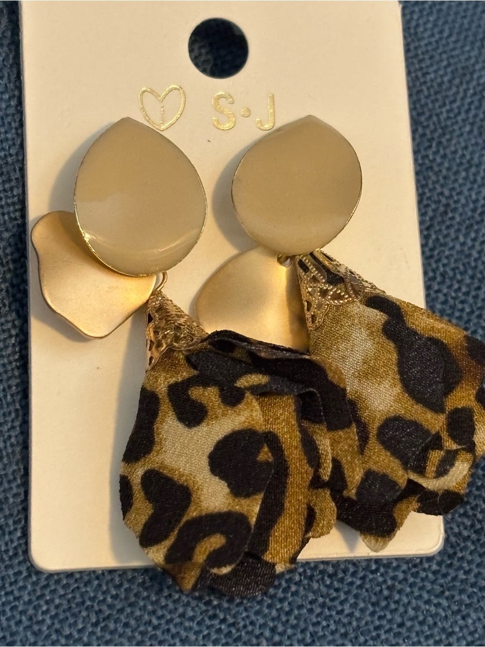Beige and Leopard Drop Earrings with Gold Accents